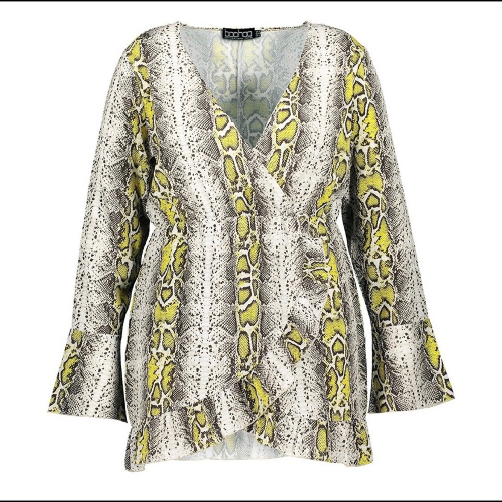 Snake print ruffle wrap dress